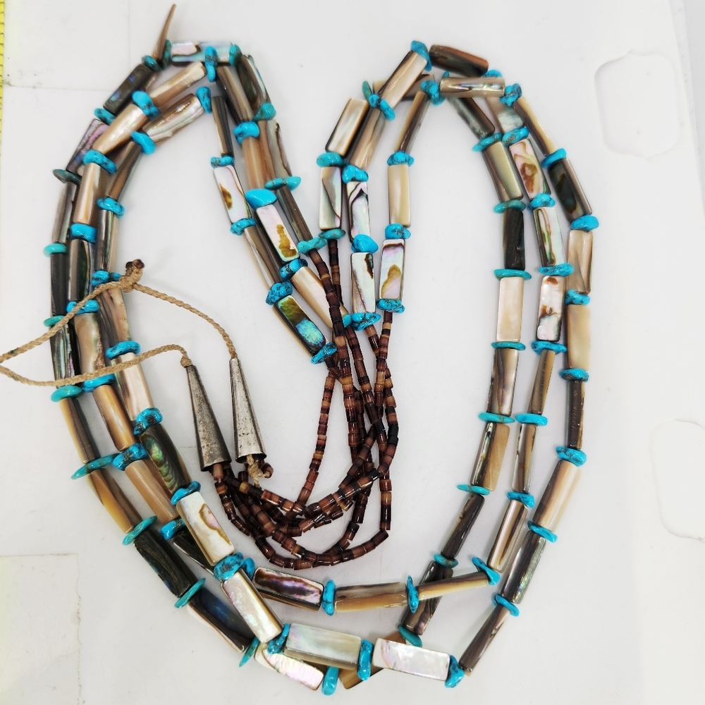 Vtg Native American Turquoise Abalone Heishi Sterling Silver Necklace 3 Strand
